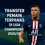Kylian Mbappé mengenakan jersey PSG dengan latar stadion malam hari dan teks "Transfer Pemain Terpanas di Liga Champions 2025/26