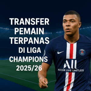 Kylian Mbappé mengenakan jersey PSG dengan latar stadion malam hari dan teks "Transfer Pemain Terpanas di Liga Champions 2025/26