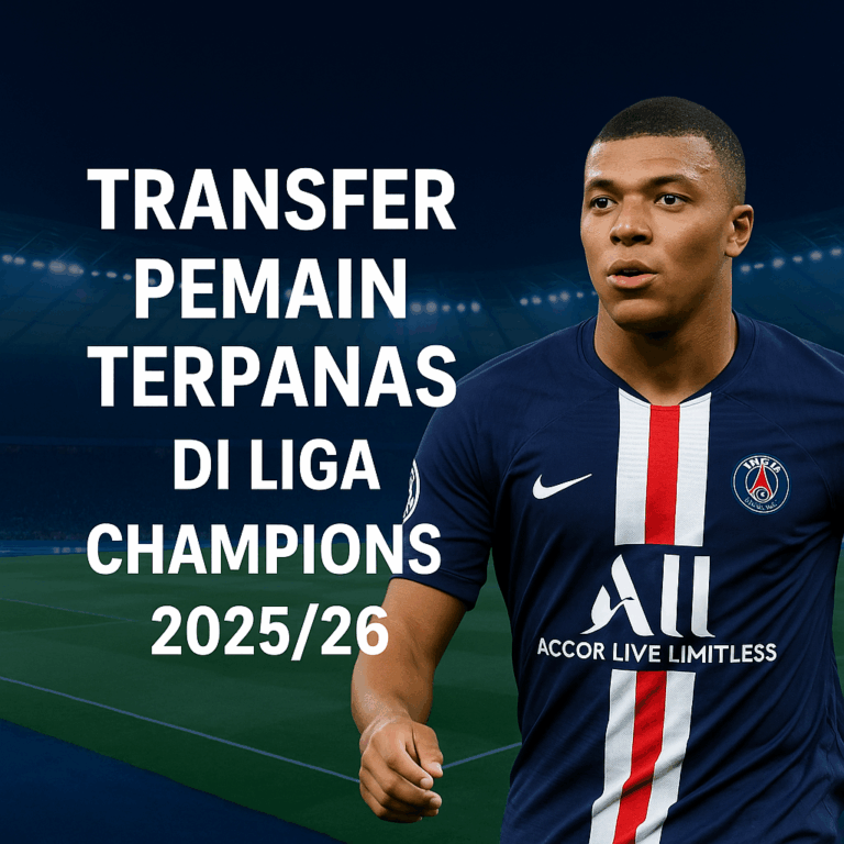 Kylian Mbappé mengenakan jersey PSG dengan latar stadion malam hari dan teks "Transfer Pemain Terpanas di Liga Champions 2025/26
