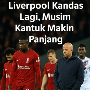 Pemain Liverpool tampak kecewa di Anfield setelah kalah dari Crystal Palace, dengan tulisan “Liverpool Kandas Lagi, Musim Kantuk Makin Panjang” di atasnya.