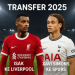 Kolase Alexander Isak berseragam Liverpool dan Xavi Simons berseragam Tottenham di stadion malam dengan teks “Transfer 2025”.