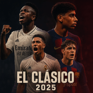 Poster dramatis El Clasico 2025 menampilkan Vinicius Junior, Jude Bellingham, Lamine Yamal, dan Gavi dengan nuansa gelap dan teks EL CLÁSICO 2025.