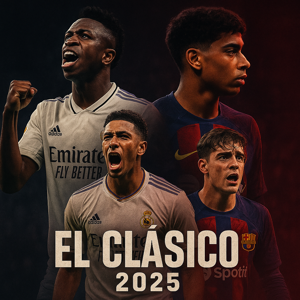 Poster dramatis El Clasico 2025 menampilkan Vinicius Junior, Jude Bellingham, Lamine Yamal, dan Gavi dengan nuansa gelap dan teks EL CLÁSICO 2025.