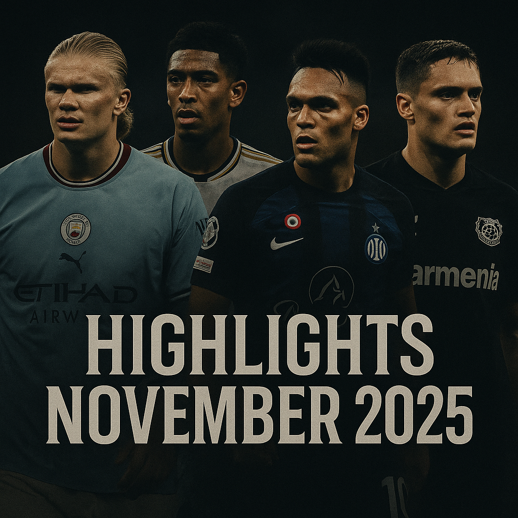 Kolase empat pemain top Eropa — Erling Haaland, Jude Bellingham, Lautaro Martínez, dan Florian Wirtz — dalam poster gelap bergaya cinematic bertema “Highlights November 2025”.