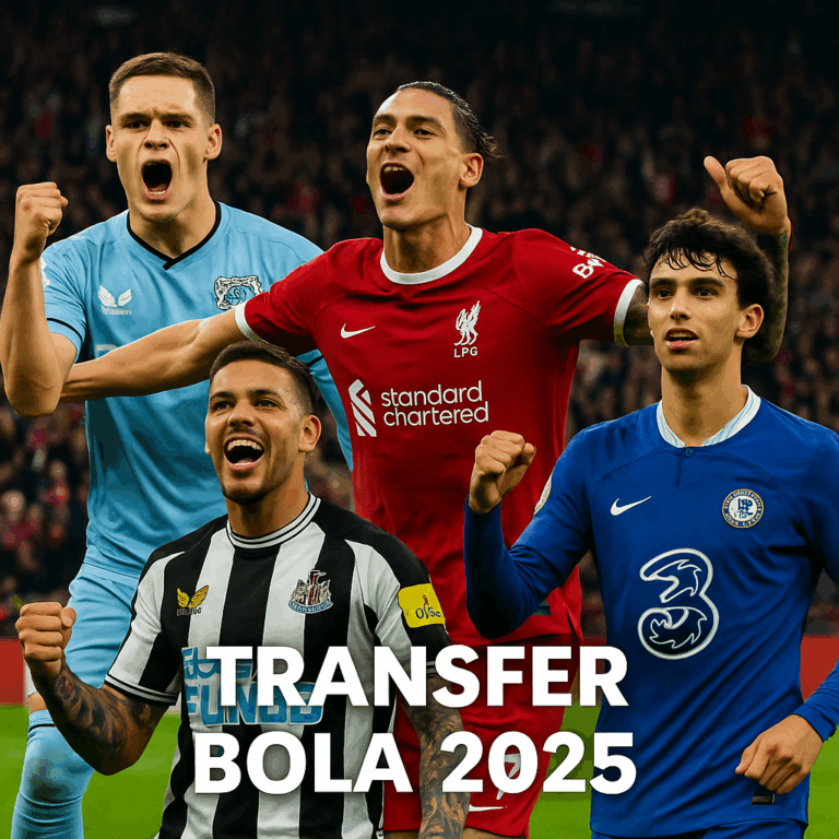 Kolase pemain sepak bola sedang selebrasi di lapangan hijau dengan latar stadion penuh suporter, menampilkan Florian Wirtz, Darwin Núñez, Bruno Guimarães, dan João Félix dengan tulisan “Transfer Bola 2025”.
