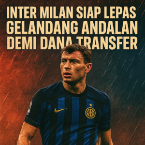 Poster dramatis Nicolò Barella dengan jersey Inter Milan di tengah hujan, menampilkan judul Inter Milan siap melepas gelandang andalan demi dana transfer.